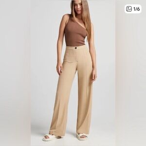 Bershka High Waist Wide Leg Pant • Khaki Tan Dress Pant • Size 4 / EUR 36